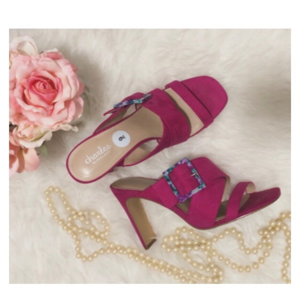 CHARLES DAVID • Gorgeous Pink Open Toe Pumps with Colorful Buckle Detail Accent - Picture 12 of 13
